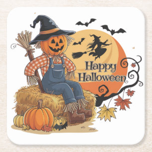 Dessous-de-verre Carré En Papier Scarecrow Citrouille Halloween Vibes rustiques Art