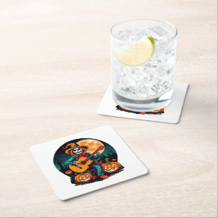 Dessous-de-verre Carré En Papier scarecrow joue de la guitare et célèbre halloween