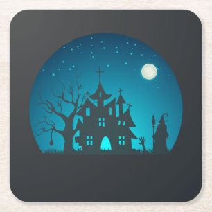 Dessous-de-verre Carré En Papier Scary and Fun Blue and Black Haunted House