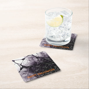 Dessous-de-verre Carré En Papier Scary Spider Web Happy Halloween Nom personnalisé