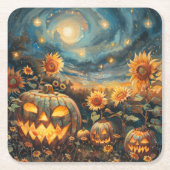 Dessous-de-verre Carré En Papier Scène d'automne avec Jack-o-lanternes et tournesol (Devant)
