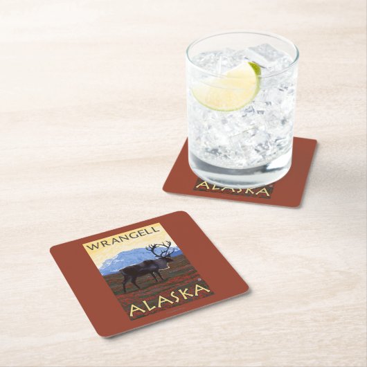 Dessous-de-verre Carré En Papier Scène de caribou - Wrangell, Alaska (En situation)