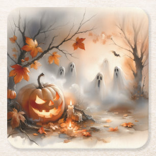 Dessous-de-verre Carré En Papier Scène d'Halloween lunaire avec citrouille et fantô