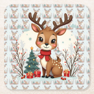 Dessous-de-verre Carré En Papier Scène mignonne de rennes de Noël dans une forêt en