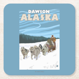 Dessous-de-verre Carré En Papier Scène Sledding de chien - Dawson, Alaska