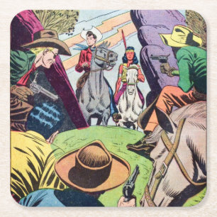 Dessous-de-verre Carré En Papier Scène vintage de bande dessinée Old West