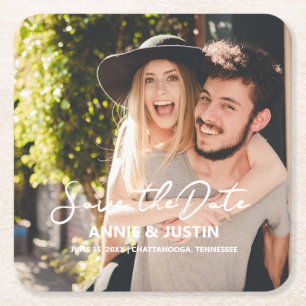 Dessous-de-verre Carré En Papier Script de Wedding Save the Date avec photo