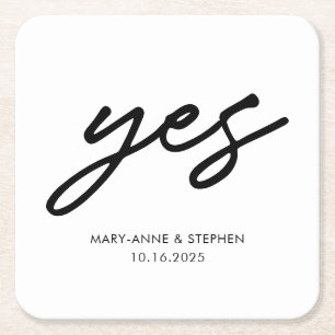 Dessous-de-verre Carré En Papier Script moderne Oui Mariage Fiançailles
