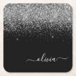 Dessous-de-verre Carré En Papier Script Monogram Girly Name<br><div class="desc">Parties scintillant à étincelles noir et argent Script Monogramme Nom Dessous de verre papier. Cela fait le cadeau parfait de remise de diplômes,  anniversaire,  mariage,  douche nuptiale,  anniversaire,  baby shower ou bachelorette pour quelqu'un qui aime le luxe glam et les styles chic.</div>