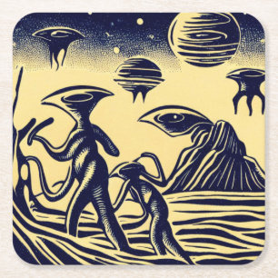 Dessous-de-verre Carré En Papier SF - Aliens Sur Une Planète Étrange Bois 1