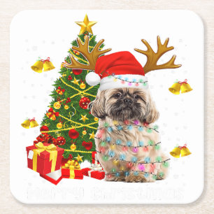 Dessous-de-verre Carré En Papier Shih Tzu Christmas Lights Tree   Santa Xmas