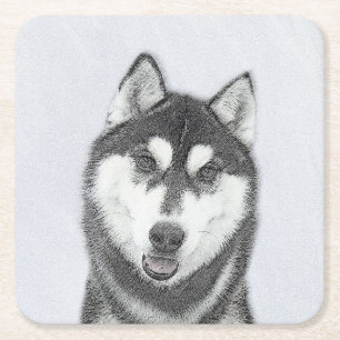 Dessous-de-verre Carré En Papier Sibérie Husky (noir et blanc) Peinture Chien Art