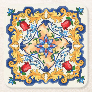 Dessous-de-verre Carré En Papier Sicilienne Majolica Motif de carreaux colorés