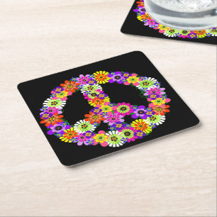 Dessous-de-verre Carré En Papier Signe de paix floral sur fond noir