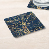 Dessous-de-verre Carré En Papier Silhouette Arbre d'Or moderne Design bleu minimal (Incliné)