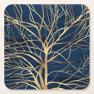 Dessous-de-verre Carré En Papier Silhouette Arbre d'Or moderne Design bleu minimal