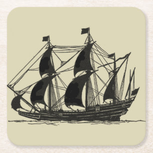 Dessous-de-verre Carré En Papier Silhouette de bateau avec les voiles se
