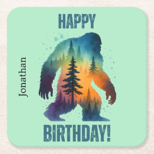 Dessous-de-verre Carré En Papier Silhouette de Bigfoot Coucher de soleil Forêt Joye