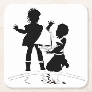 Dessous-de-verre Carré En Papier silhouette de fille et garçon et bateau modèle
