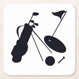 Dessous-de-verre Carré En Papier Silhouettes noires d'objets de golf sur blanc