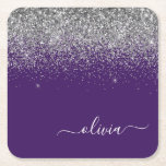 Dessous-de-verre Carré En Papier Silver Purple Parties scintillant Girl Monogramme<br><div class="desc">Parties scintillant à étincelles violet et argent Script Monogramme Nom Dessous de verre papier. Cela fait le cadeau parfait de remise de diplômes,  anniversaire,  mariage,  douche nuptiale,  anniversaire,  baby shower ou bachelorette pour quelqu'un qui aime le luxe glam et les styles chic.</div>
