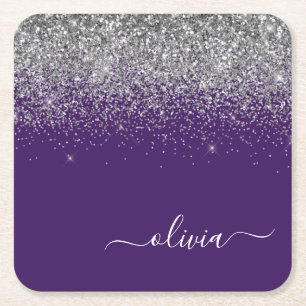 Dessous-de-verre Carré En Papier Silver Purple Parties scintillant Girl Monogramme