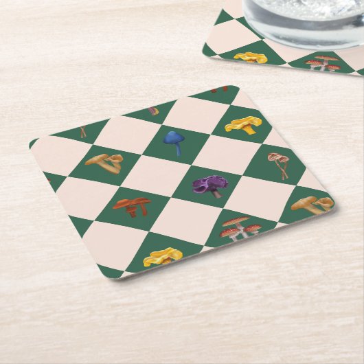Dessous-de-verre Carré En Papier Simple green check with mushrooms (Incliné)