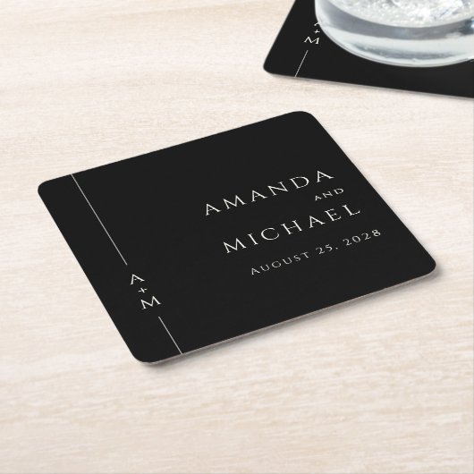 Dessous-de-verre Carré En Papier Simple noir élégant Mariage de monogramme classiqu (Incliné)