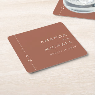 Dessous-de-verre Carré En Papier Simple Terracotta Élégant Mariage Monogramme Class