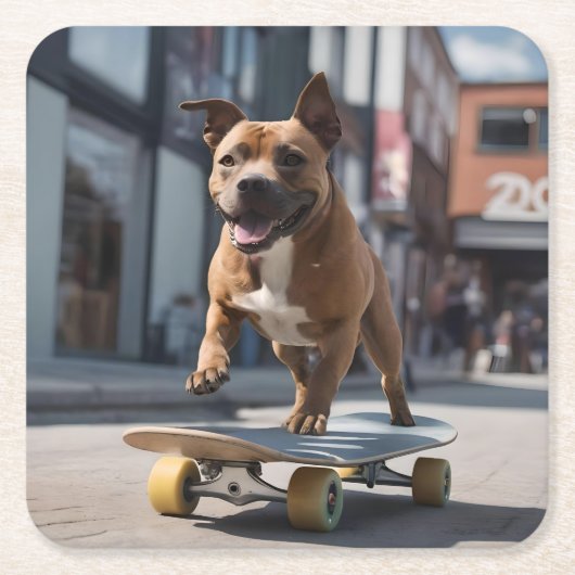 Dessous-de-verre Carré En Papier Skateboard Stunt : Un Staffy en déplacement (Devant)