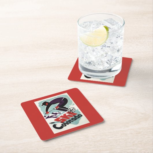 Dessous-de-verre Carré En Papier Skieur noir et par pourpre vêtu (En situation)