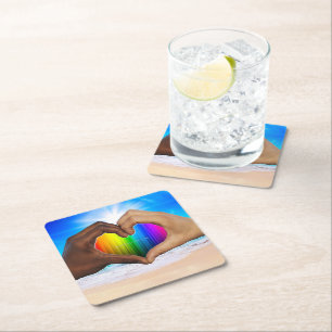 Dessous-de-verre Carré En Papier SlipperyJoe dégradé de cœur arc-en-ciel vibrant in