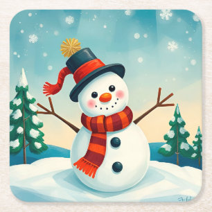 Dessous-de-verre Carré En Papier Snowman joyeux dans le paysage hivernal