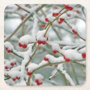 Dessous-de-verre Carré En Papier Snowy Red Berries scène d'hiver
