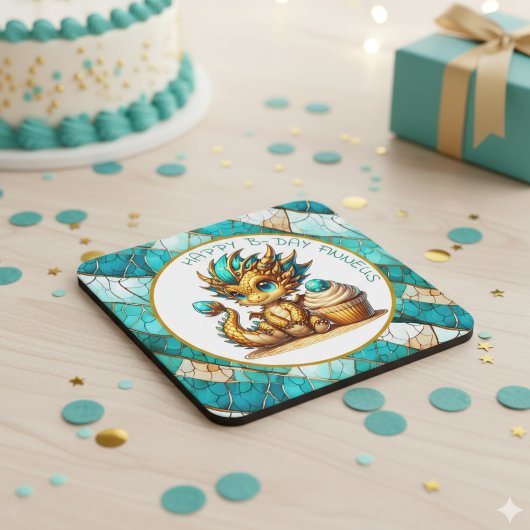Dessous-de-verre Carré En Papier Soirée d'anniversaire pour garçon Turquoise d'or p