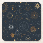 Dessous-de-verre Carré En Papier Soleil céleste et Lune éléments mystiques<br><div class="desc">Conçu pour se coordonner avec notre collection mystique céleste, ce dessous de verre en papier unique présente de magnifiques éléments célestes d'or sur un arrière - plan de marine sombre. Pour une personnalisation plus avancée de cette conception, par exemple la modification de la disposition, de la police ou de la...</div>
