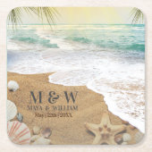 Dessous-de-verre Carré En Papier Soleil Élégant et Plage d'Océan Bleu (Devant)