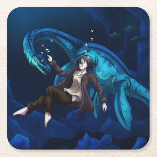 Dessous-de-verre Carré En Papier Sous l'eau avec un Plesiosaure