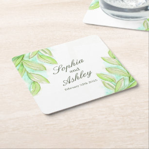Dessous-de-verre Carré En Papier Sous-verres personnalisés feuilles aquarelle verte