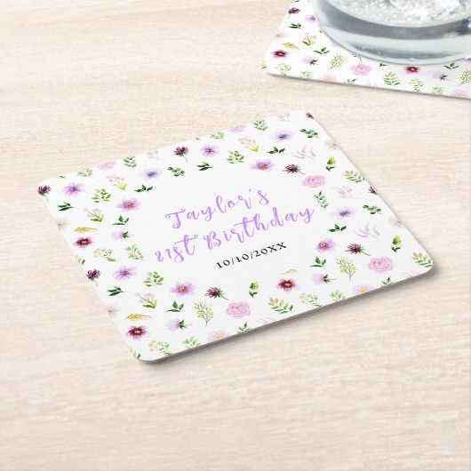 Dessous-de-verre Carré En Papier Spring Purple Floral Birthday (Incliné)