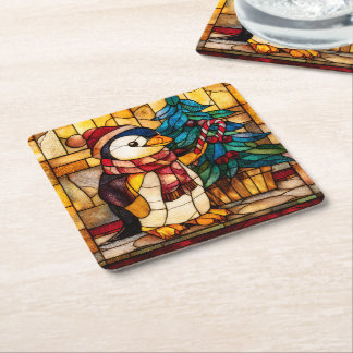 Dessous-de-verre Carré En Papier Stained Glass Christmas Penguin