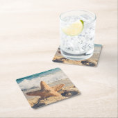 Dessous-de-verre Carré En Papier Starfish sur une plage de sable Photo (En situation)