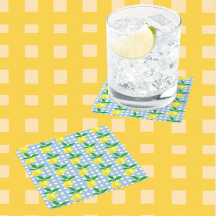 Dessous-de-verre Carré En Papier Style Rétro Vintage Citrons Jaunes à Carreaux Bleu