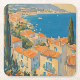 Dessous-de-verre Carré En Papier Style vintage Côte d'Azur Aquarelle Voyage Françai