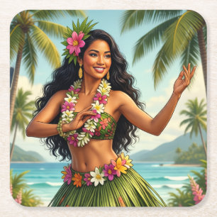 Dessous-de-verre Carré En Papier Style Vintage Fille Hula Hawaïen Voyage