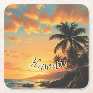 Dessous-de-verre Carré En Papier Style Vintage Hawaïen Voyage Côte Mer Coucher de s