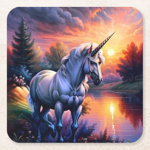 Dessous-de-verre Carré En Papier Sunset Lake River Unicorn Seven
