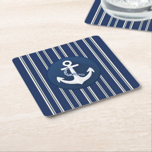 Dessous-de-verre Carré En Papier Symbole nautique d'ancre blanc bleu marine