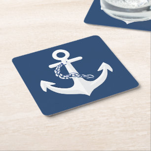 Dessous-de-verre Carré En Papier Symbole nautique d'ancre Classique Blanc Bleu mari