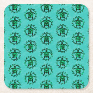 Dessous-de-verre Carré En Papier Symbole tribal du soleil noir vert maori Tortues